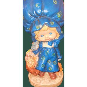 Vintage Blue Bonnet Girl Ceramic Figurine With Basket Of Flowers Kitsch
